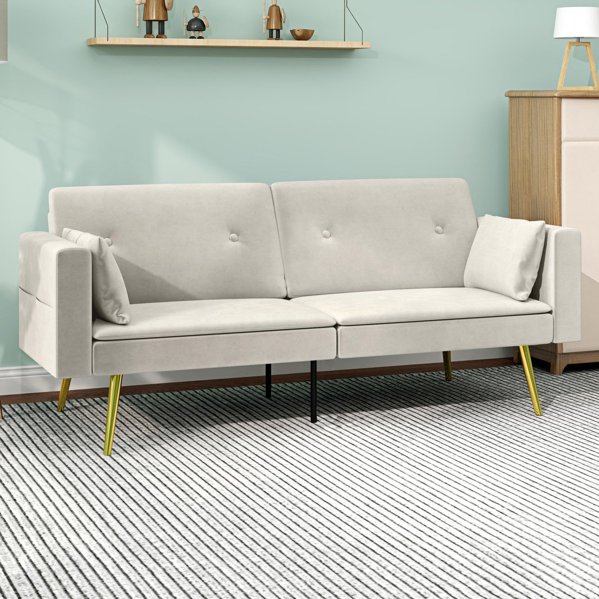 Slaapbank - 181 x 73 x 78,5 cm - polyester bekleding - met slaapfunctie - met verstelbare rugleuning - met opbergruimte - inclusief kussens - Beige
