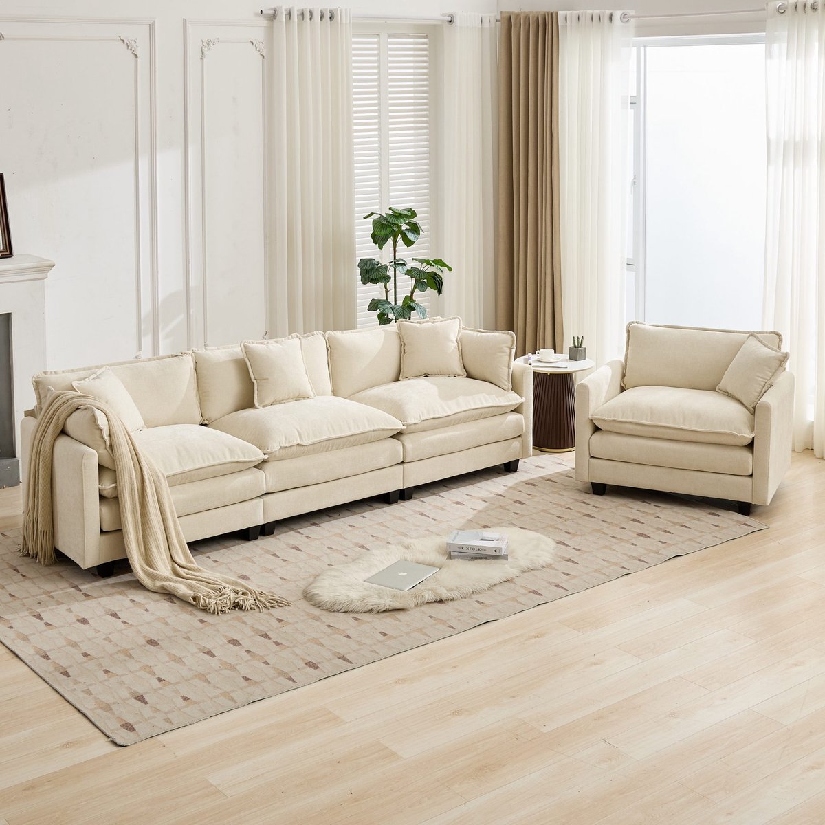 Zitbank - 289 x 75 x 84 cm - chenille bekleding - modulair samen te stellen - met rugkussens - met dikke zitkussens - voor woonkamer en slaapkamer