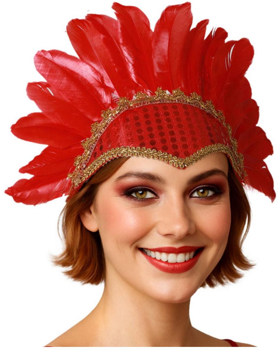 Atosa Can Can danseres hoofdband met veren - voor dames - rood - Carnaval - Verentooi - verkleed artikelen - Twenties - Broadway - Moulin Rouge