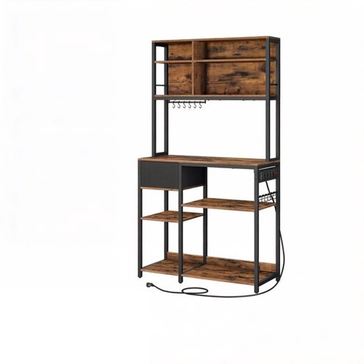 Keukenopbergrek 40 x 100 x 180,2 cm Bruin + Zwart, Keukenrek met Stopcontact, Open Opbergvakken, Verstelbare Planken, Stoffen Lade, 12 Haken en Werkblad, Koffiebar, Magnetronrek, Opbergmeubel voor Keuken en Woonkamer