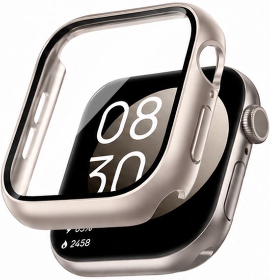 Gouden beschermhoesje voor Apple Watch met glazen screenprotector.