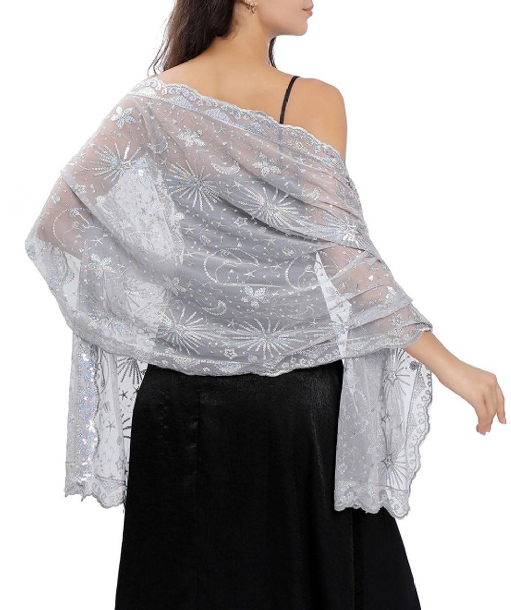 casalora® -Sjaal dames - Omslagdoek - Kantensjaal - Franje sjaal - Pailletten maan sterren sjaals en stola voor avondjurk - Glitter Feestelijke Bruidssjaal Doek voor Avondfeest