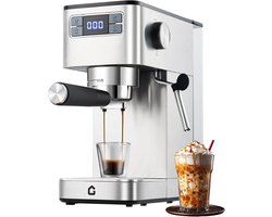 Espressomachine RVS met Stoompijp - 14x30x30cm - Compact Koffiemachine - 20 Bar Druk - Afneembare 1.4L Watertank - Makkelijk Te Reinigen Lekbak - Compact - Voor Thuis En Kantoor - Zilver