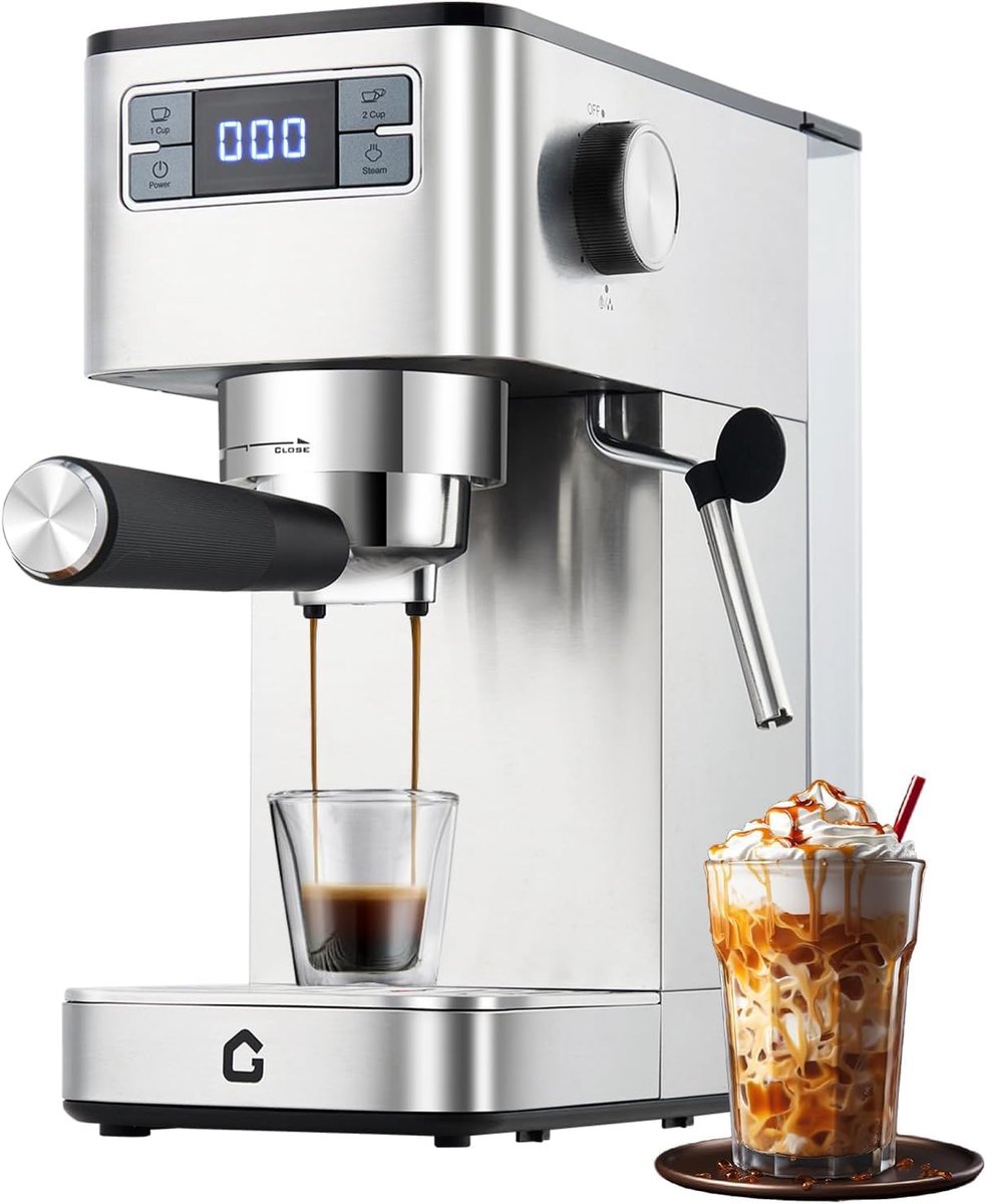 Espressomachine RVS met Stoompijp - 14x30x30cm - Compact Koffiemachine - 20 Bar Druk - Afneembare 1.4L Watertank - Makkelijk Te Reinigen Lekbak - Compact - Voor Thuis En Kantoor - Zilver