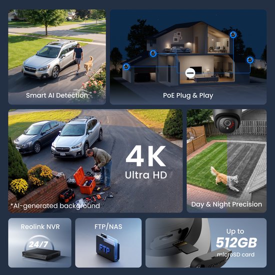 Een Reolink beveiligingscamera die buiten is geplaatst. Beelden tonen AI-detectie, 4K Ultra HD, dag- en nachtzicht en diverse opslagopties zoals Reolink NVR, FTP/NAS en microSD.