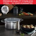 Tefal pannenset van RVS met glazen deksel, naast een kom met gehaktballetjes in saus.