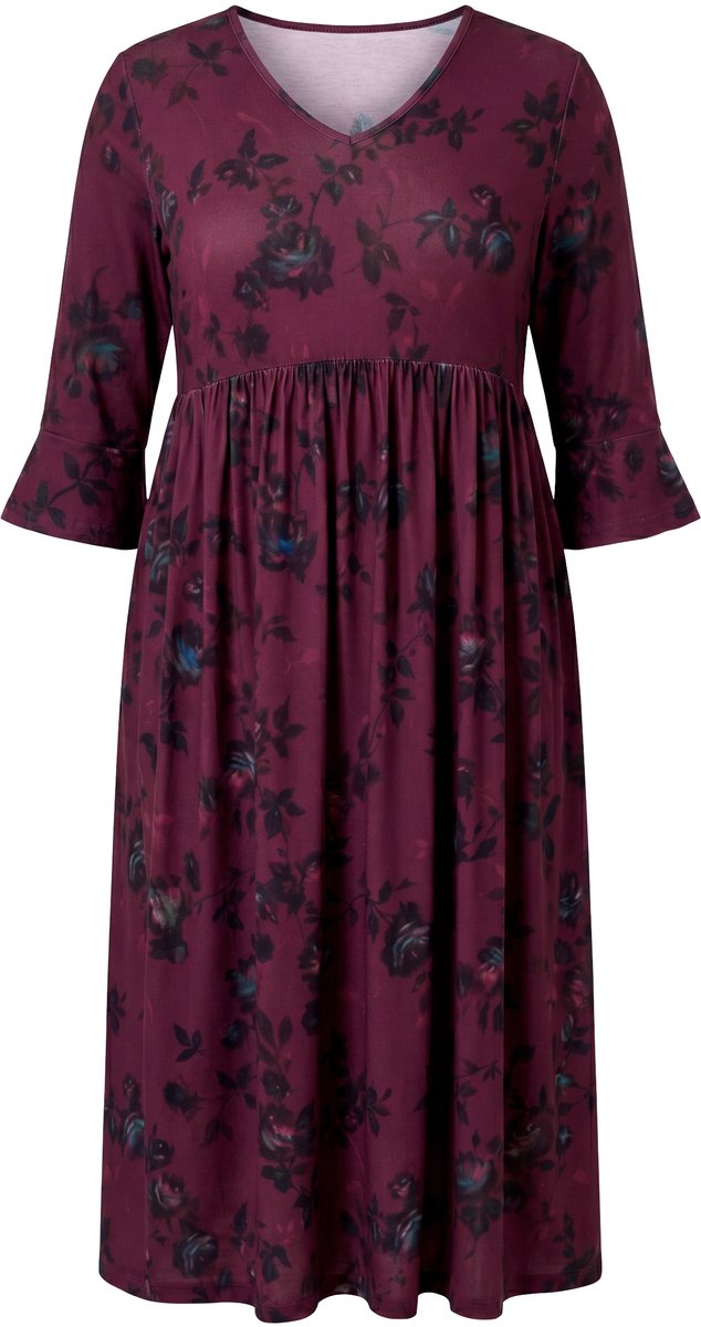 Ulla Popken - Dames - Maxi-jurk bloemen A-lijn V-hals 3/4 mouwen - Donker wijnrood - Maat 66+