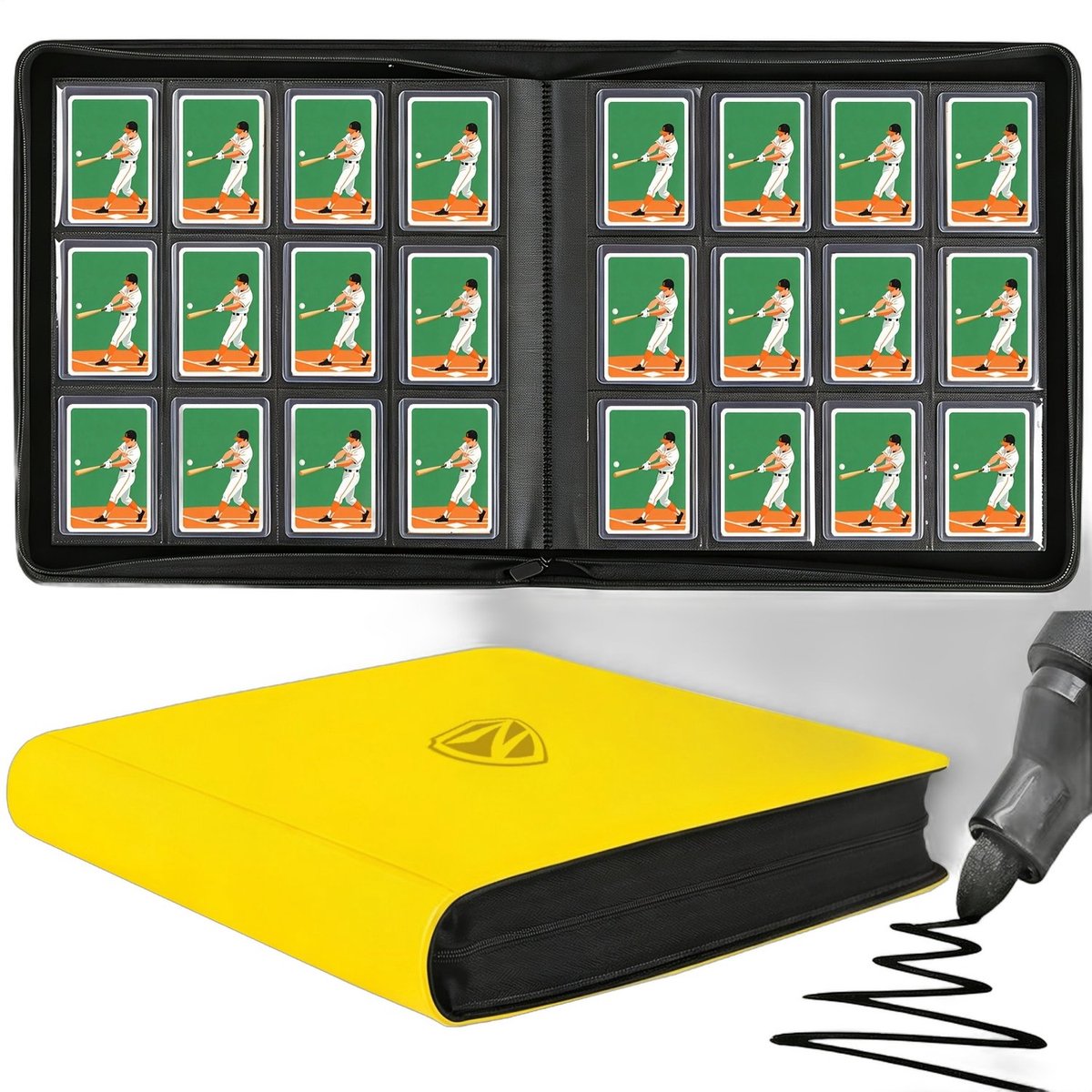 Currero Toploader Binder - Verzamelmap Kaarten - Geschikt voor Pokemon - 4 Pocket - 9 Pocket - 12 Pocket - Trading Card Map - Toploadermap - Geel - 384 Kaarten