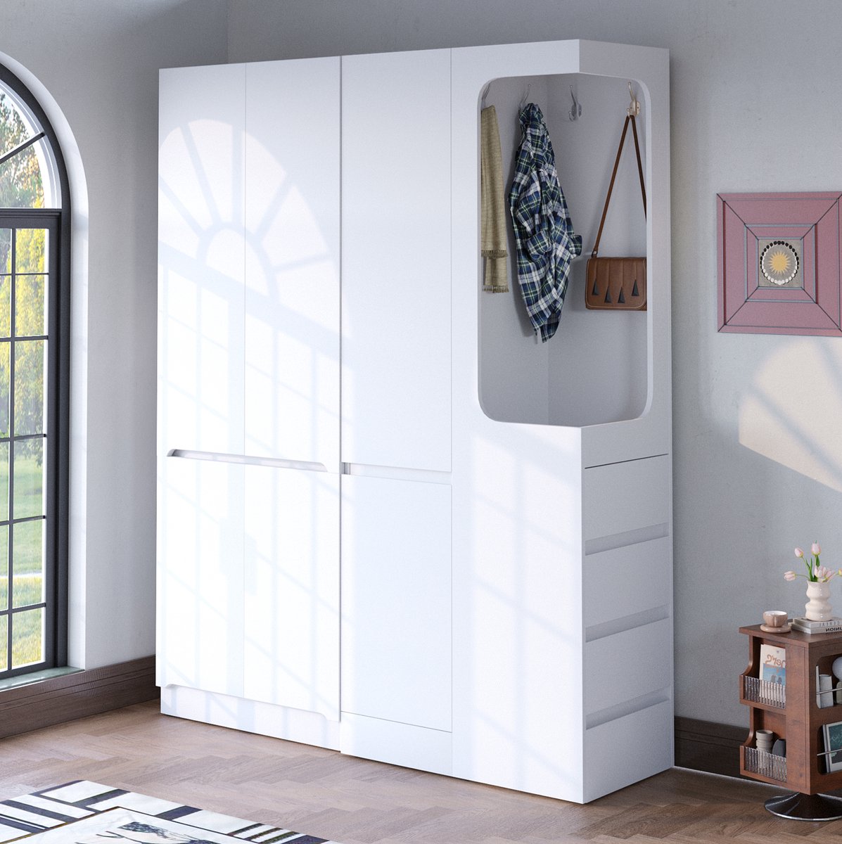 REDOM Kledingkast - Open hanggedeelte met laden en opbergvakken - Dubbeldeurs en enkeldeurs - Scandinavisch & Basic - Hout - Wit - 140 x 40 x 170 cm