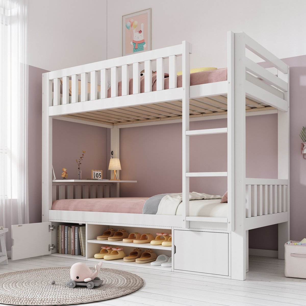 REDOM Stapelbed - Klapbaar tafelblad en schoenrek - Met opbergkasten en lattenbodem - Moderne stijl - Kinderkamer - Hout en MDF - Wit - 204 x 100 x 150 cm