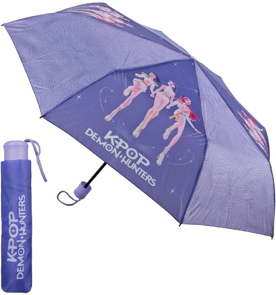 Parapluie violet KPop Demon Hunters avec illustration de trois filles, avec sa housse violette assortie.
