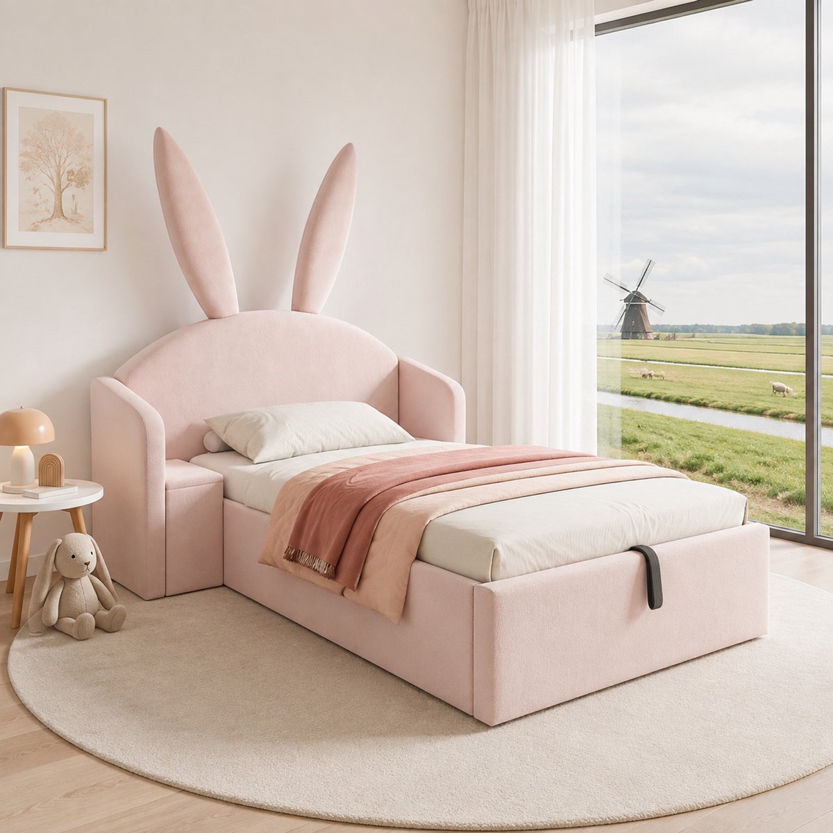 WUVRIE Kinderbed 90x190 cm roze met opbergruimte, nachtkastje en lattenbodem