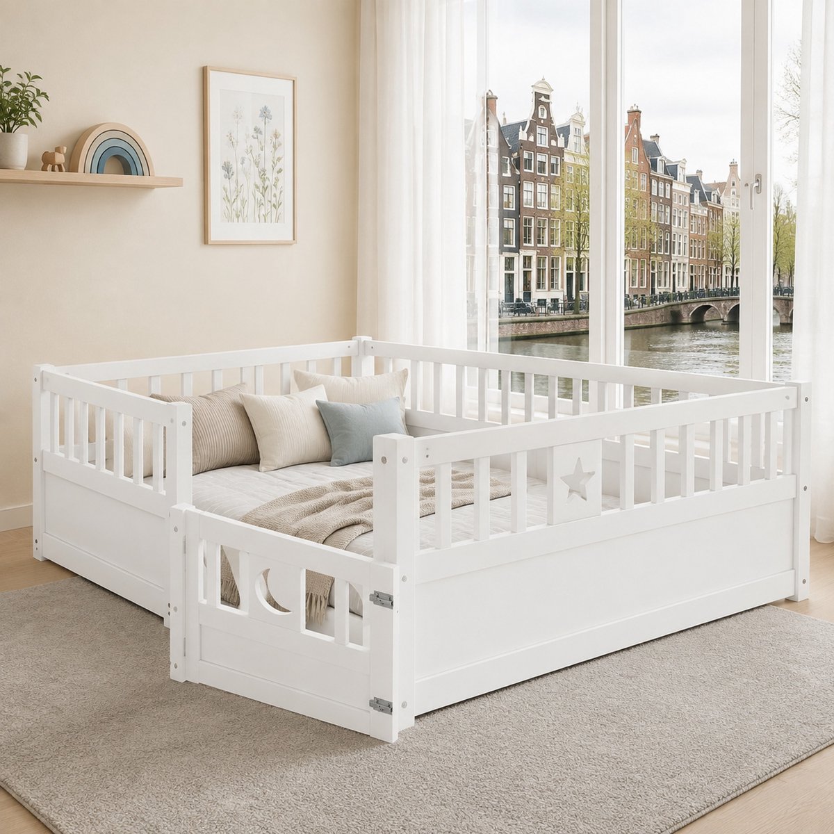 WUVRIE Kinderbed 90x190 cm met veiligheidshekken en ster- en maanmotief, zonder matras, wit