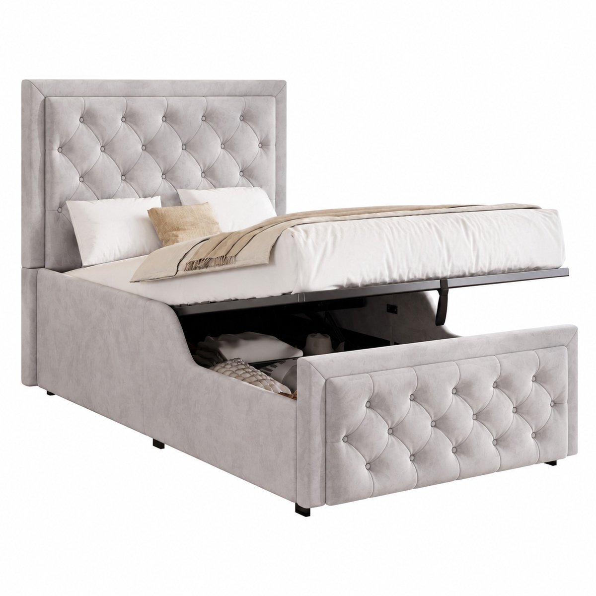 WUVRIE Kinderbed 90x200 cm met opbergruimte, lattenbodem en gestoffeerd hoofdbord, grijs