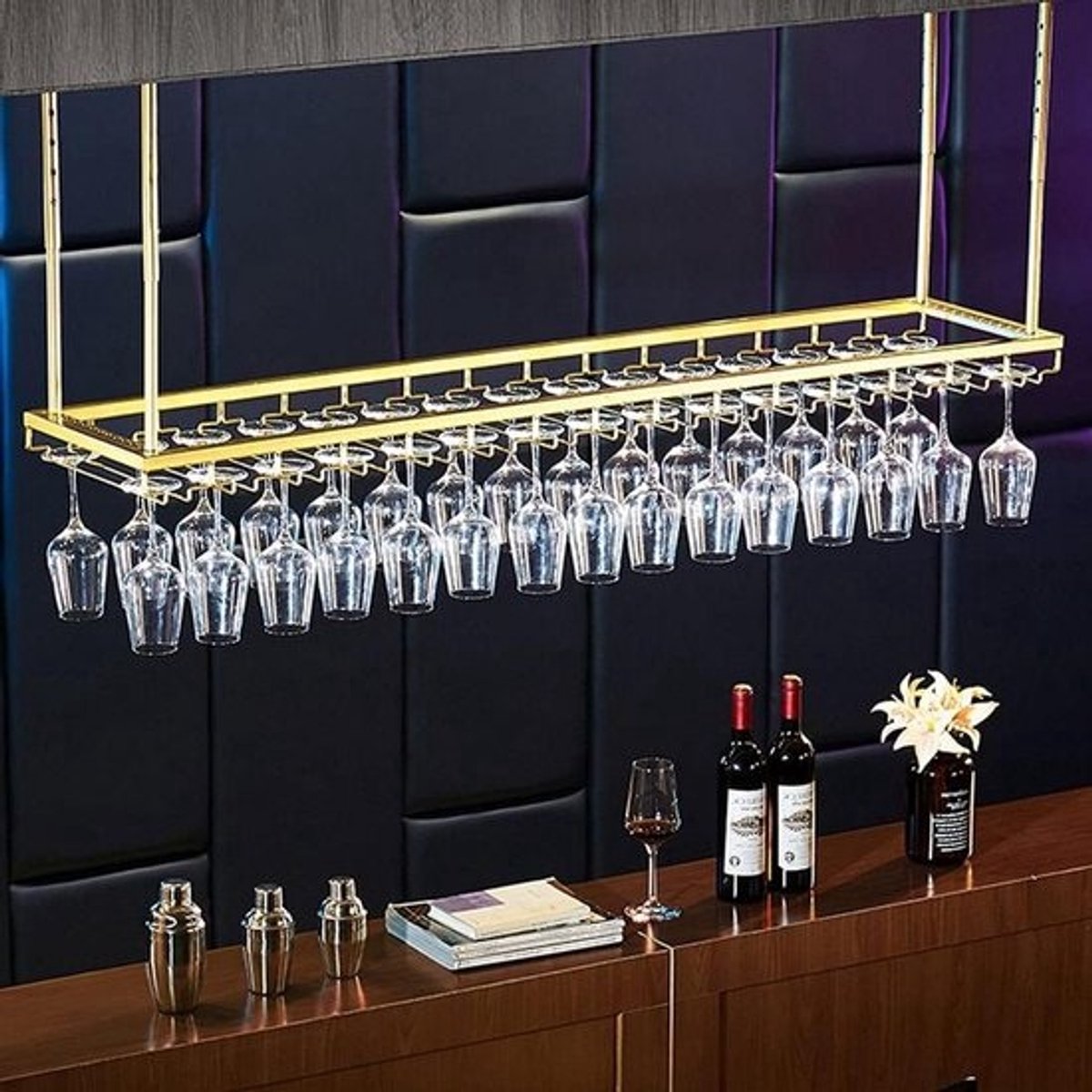 Wijnrek Plafond - Fleshouder Bar - Keuken Opbergen - Gecalcineerd IJzer - 120x35cm - Zwart