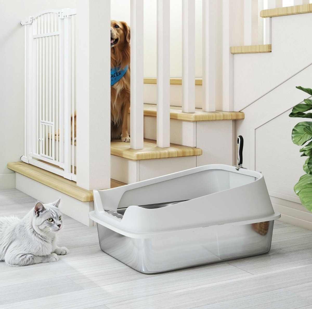 MODFU - Open Kattenbak - Rvs - Hoge Rand - Met Schep - Grijs - 60,2 X 40,2 X 29,7 Cm