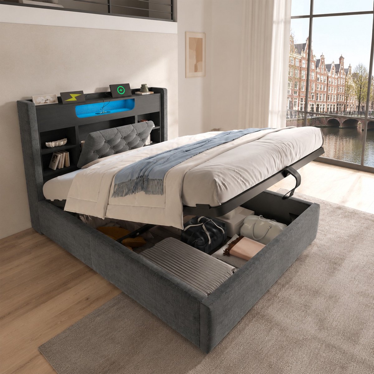 WUVRIE Bedframe 90x200 cm met opbergruimte, LED-verlichting, USB-C en lattenbodem, grijs