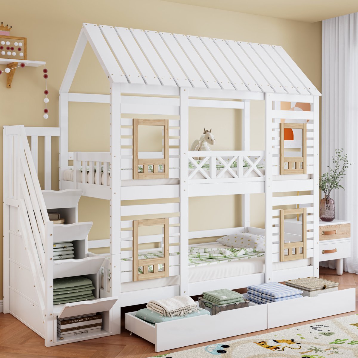 REDOM - Stapelbed voor kinderen - Huisdak met ramen - 2 bedlades en 4 opbergvakken - Hout en MDF - Kinderkamer - 254 x 95 x 230 cm