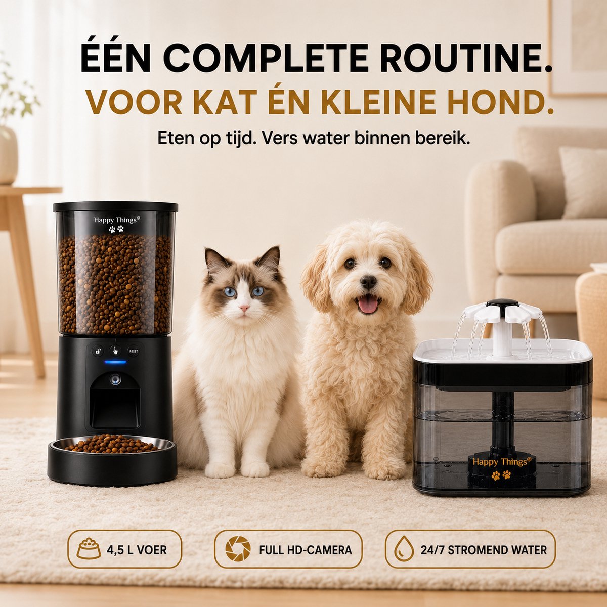 Happy Things® Voerautomaat + Drinkfontein Kat en Hond – Full HD Camera & App – Dual WiFi – 4,5L Voerbak + 2,5L Waterfontein – RVS – Incl. 4 Filters thumbnail 2