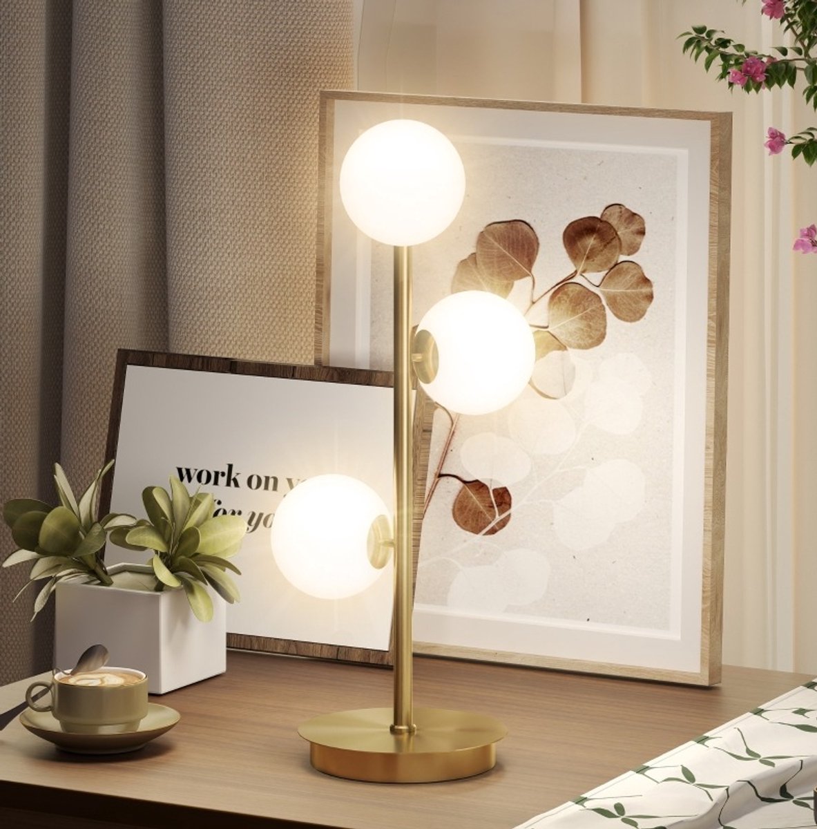 MODFU-Tafellamp-3 Lampen-G9-Antique Brass-Stalen Voet-Slaapkamer-53 Cm