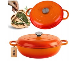 Hage - Braadpan - Stoofpan met Deksel - Casserole Pan - Lage Geëmailleerd Gietijzeren Braadpan - Oven & Inductie Geschikt - Voor Braden, Stoven en Ovenschotels - 3 Liters - 40.5 x 30 x 10.5 cm - Oranje