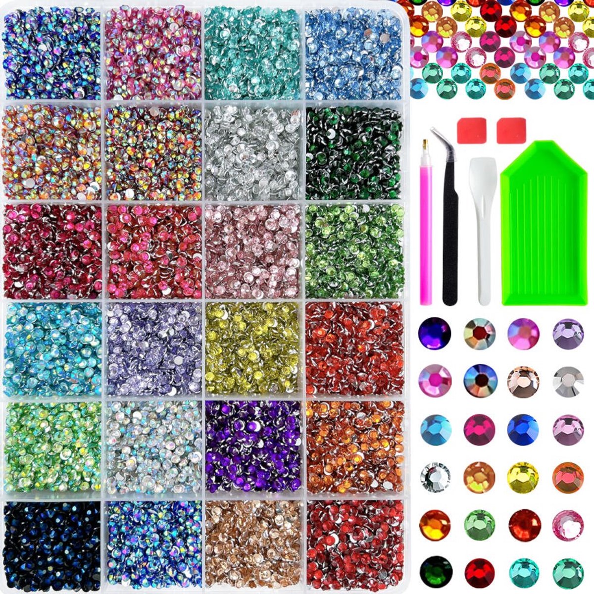 Currero Bedazzle Kit - Bedazzling - Plakstenen - Strass Steentjes - DIY Versieren - 24 Vakken - Nagel Decoratie - Met Pincet En Applicator - Glas Kristallen - 3mm