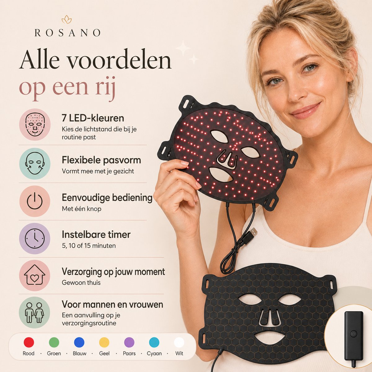 Rosano Premium LED Masker - Huidverjongingsapparaat met Red Light Therapy - Rood Licht Therapie - Collageen Masker - 7 Kleuren