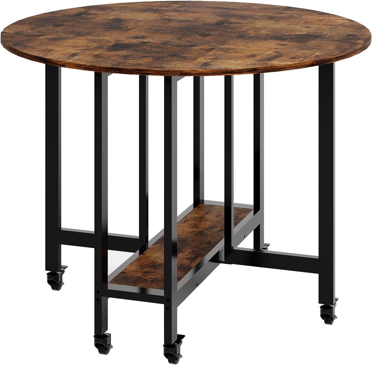 Ronde klaptafel ‑ bruin ‑ met onderlegblad en remwieltjes ‑ voor 2‑4 personen ‑ ruimtebesparend ‑ 100×100×75 cm ‑ keuken ‑ en eetkamer