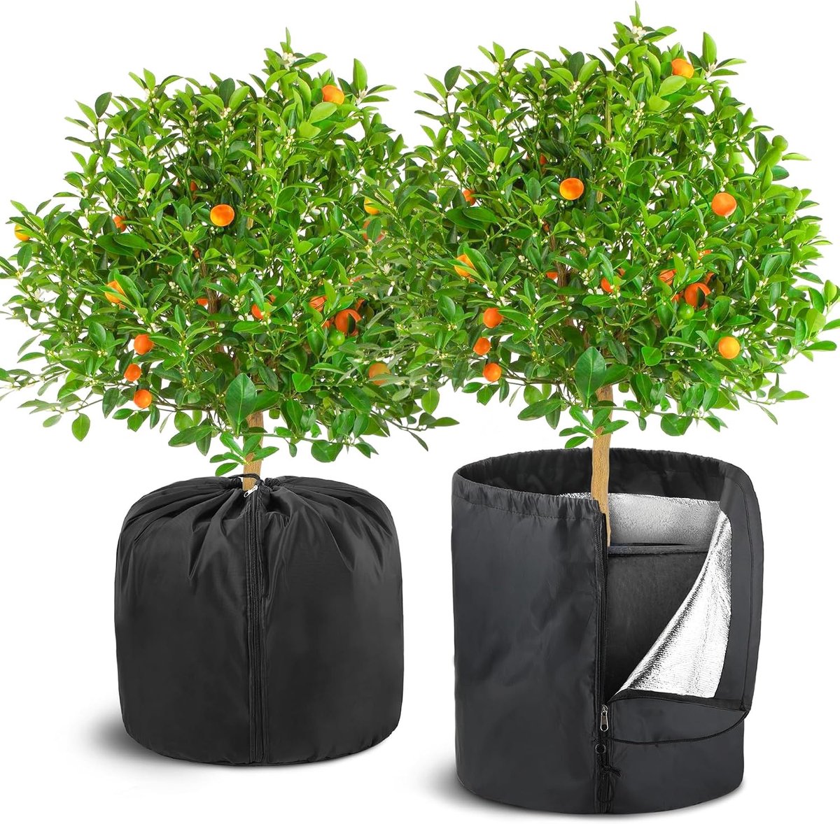 Set van 2 plantenhoezen - 45 x 50 cm - Winterse isolatiehoezen voor plantenpotten - met trekkoord en ritssluiting - Vorstbestendig - Plantenpothoezen voor buiten - Winterse plantenhoes ter bescherming tegen vorst - Vorstbestendige tas (zwart-M)