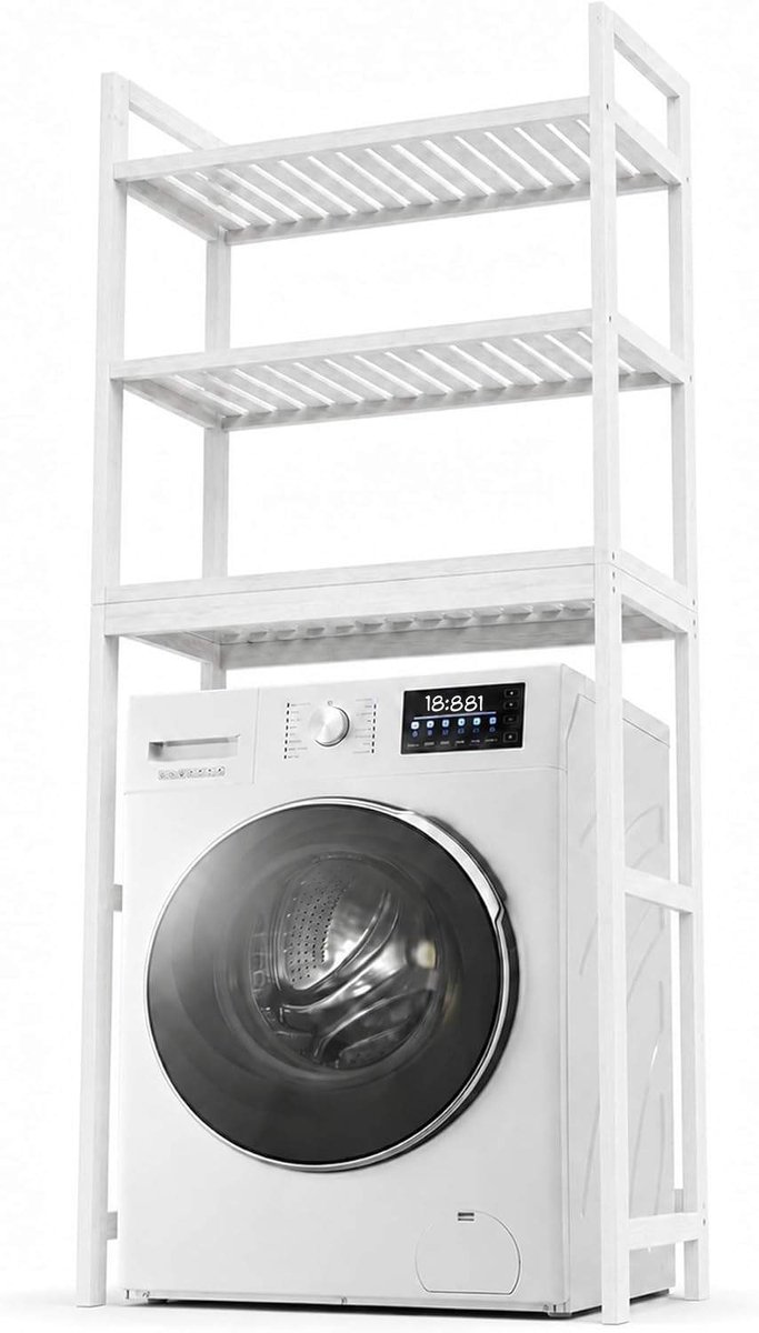 Kavo Wasmachine Rek - 3 planken - Badkamerplanken - Wasmachinehouder voor de badkamer - Wit - 26cm x 66cm x 170cm