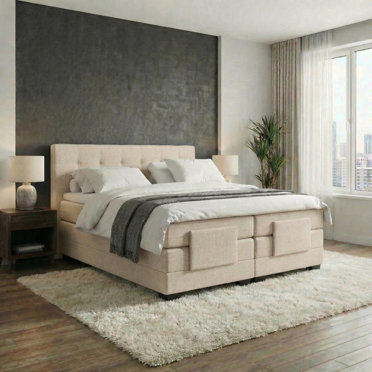Mörgenn Elektrische Boxspring LUXA - Luxe Splittopper - Pocketvering - Beige - 180x200 cm - Inclusief Montage + Dekbed en Kussens