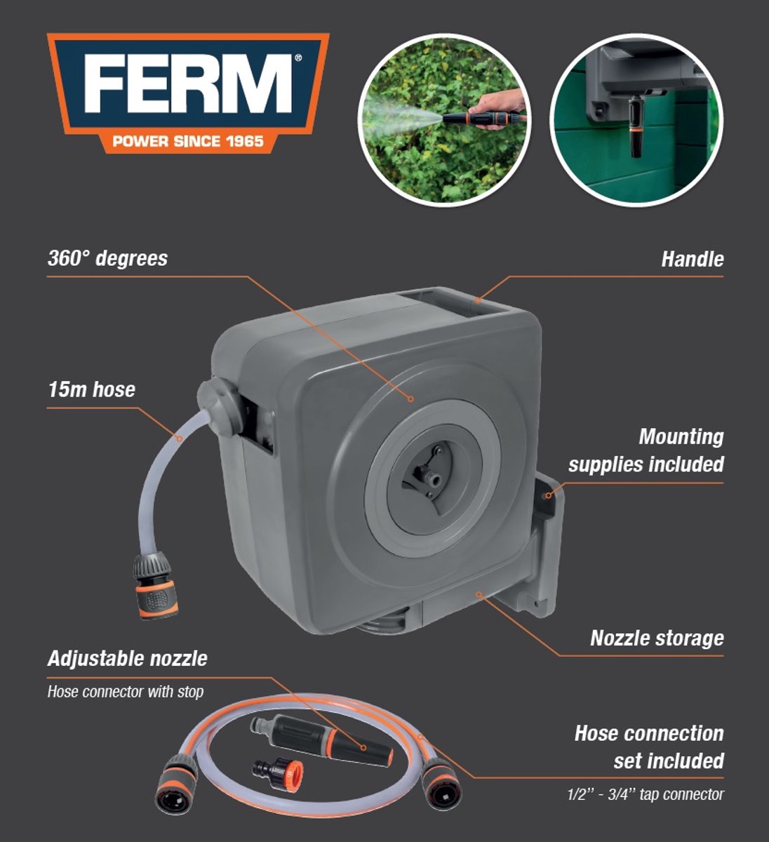FERM HRA1007 Automatische tuinslanghaspel 15m met spuit en koppelingen en wandbevestiging