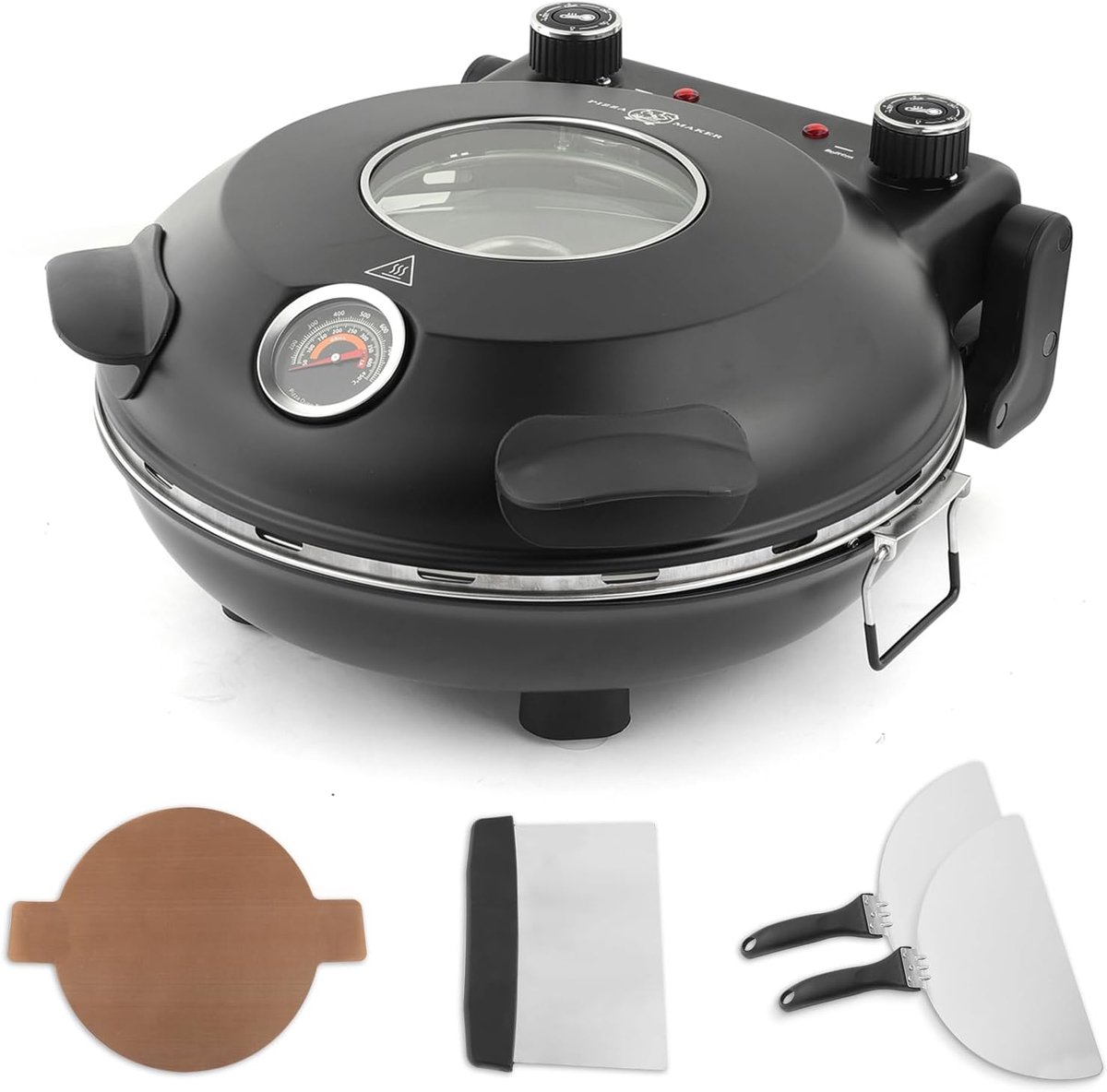Elektrische Pizzaoven 1200W - Pizzamaker tot 420°C met 31 cm Keramische Pizzasteen - Onafhankelijke Boven- en Onderwarmte - Met Thermometer, Kijkvenster en 4 Pizza Accessoires - Zwart