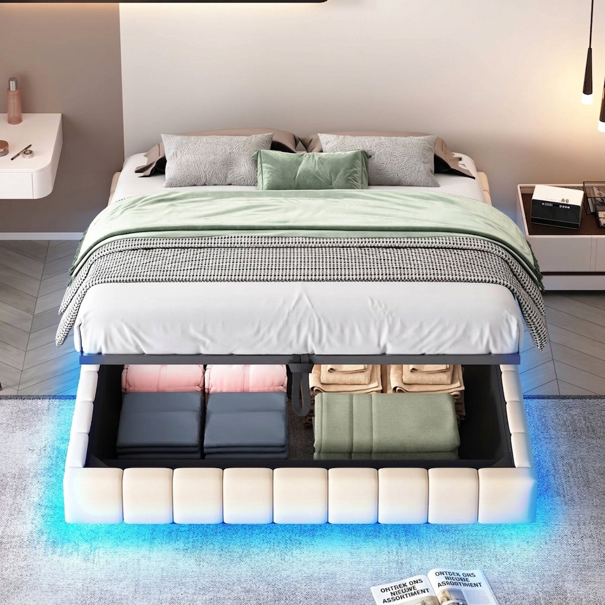 Gestoffeerd bed - Zwevend bed met opbergruimte - Bed zonder hoofdbord - LED verlichting - Hydraulisch - Slaapkamer - 160x200 cm - Beige