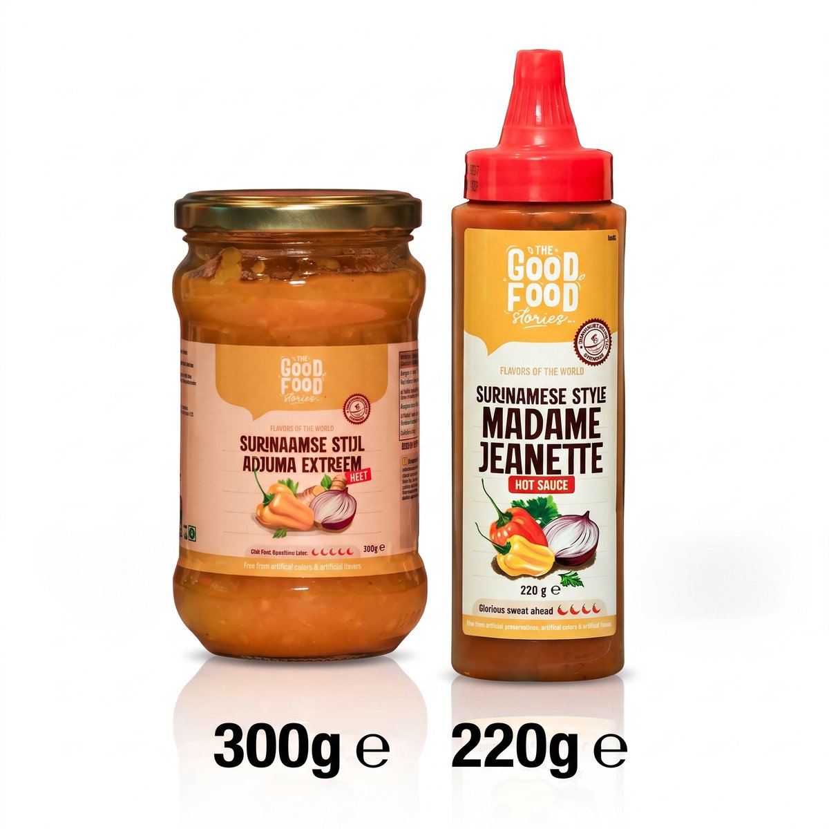 Surinaamse Adjuma & Madame Jeanette Pepers Extreem Hete Sambal Duo - Glazen Pot & Hotsauce Spuitfles - The Good Food Stories (TGFS) - 300g & 220g