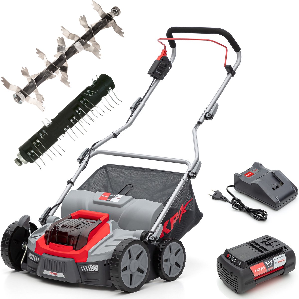 IKRA Bosch 36 V 3-in-1 accu-verticuteermachine en gazonbeluchter IB-SR 36, inclusief twee rollen, incl. 36V accu (4,0 Ah) en oplader