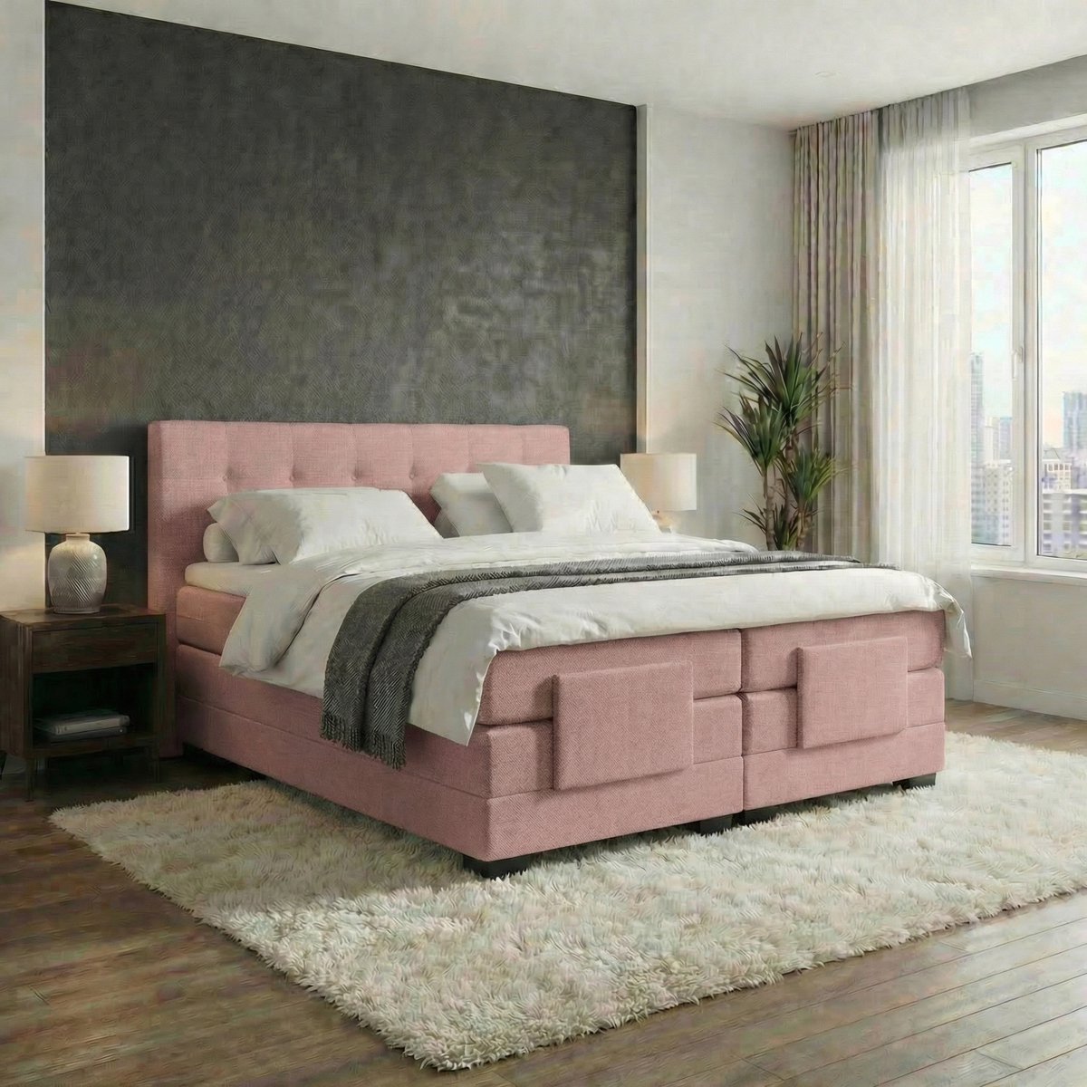 Mörgenn Elektrische Boxspring LUXA - Luxe Splittopper - Pocketvering - Oud Roze - 180x200 cm - Inclusief Montage + Dekbed en Kussens