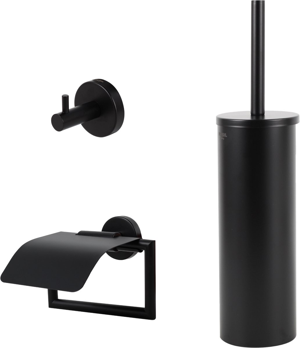 HUSH Living - Toiletaccessoireset 3-delig - Toiletborstel met Houder - Toiletrolhouder met Klep - Handdoekhaak - zwart