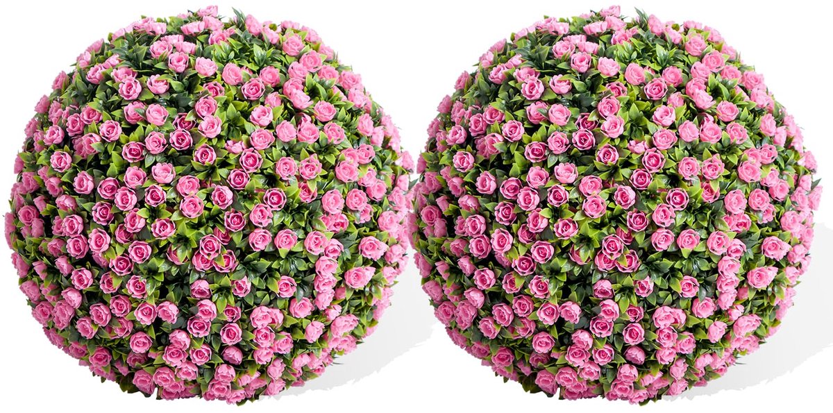 Triumpunpre Set van 2 Kunstmatige Roze Rozenbal – Hangende Topiary Bloem Bal 55 cm – Roze Rozen met Groene Bladeren – PE – Onderhoudsvrij – Binnen & Buiten