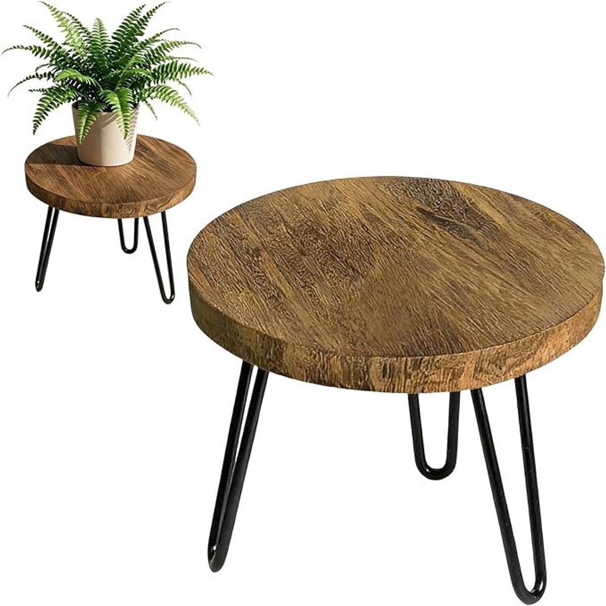 PolkaHome Houten Plantenstandaard 25 cm – Ronde Bijzettafel met Hairpin Poten voor Binnen en Buiten