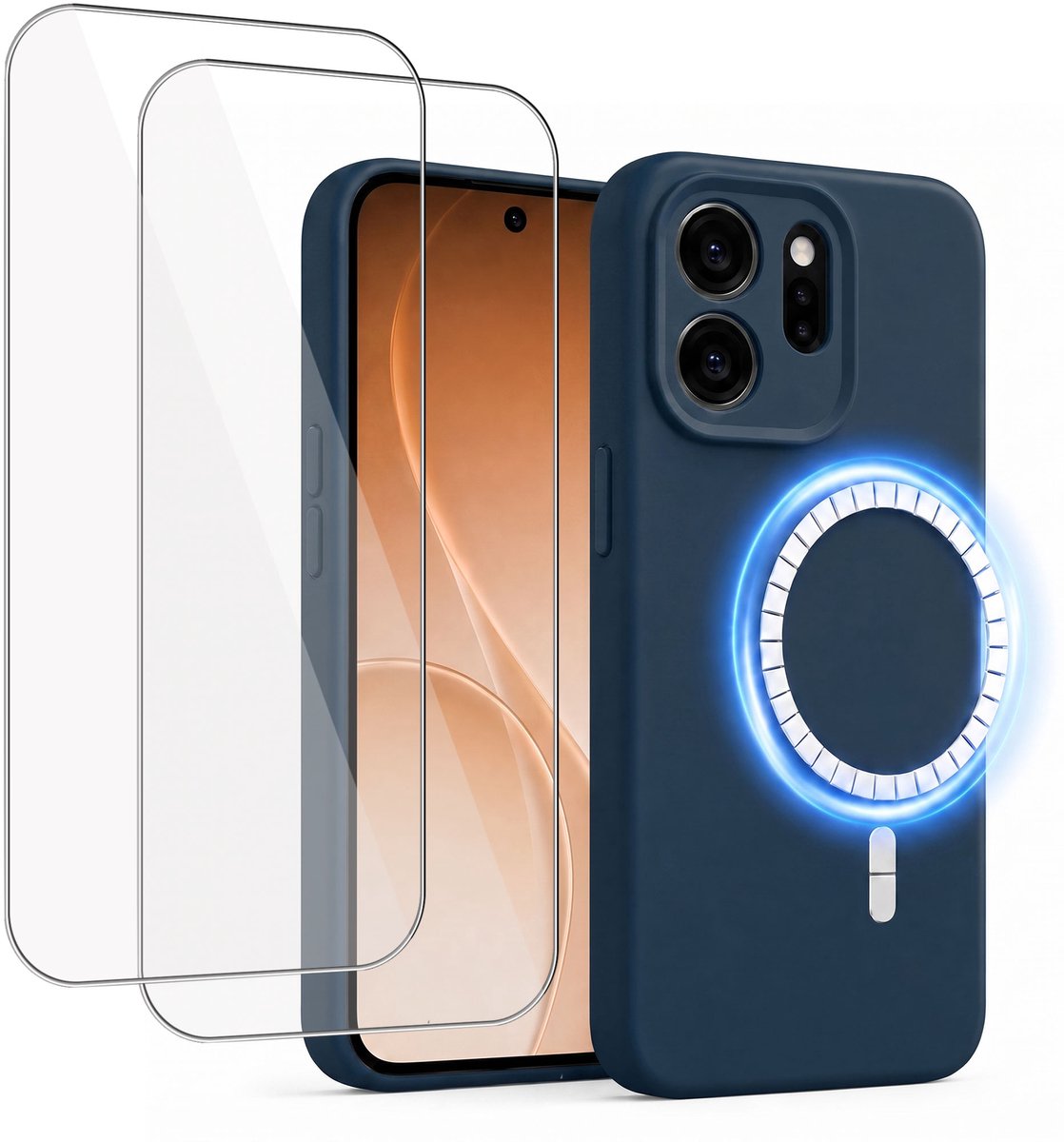 Hoesje + 2x Screenprotector geschikt voor Oppo Reno 15 Pro - Hoesje geschikt voor Magsafe - Draadloos opladen - Gehard Glas - Marine blauw