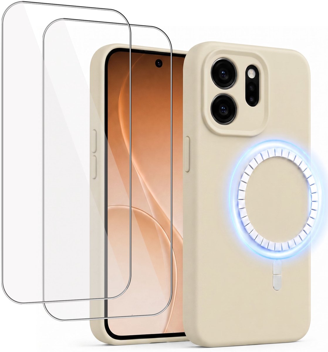 Hoesje + 2x Screenprotector geschikt voor Oppo Reno 15 Pro - Hoesje geschikt voor Magsafe - Draadloos opladen - Gehard Glas - Creme
