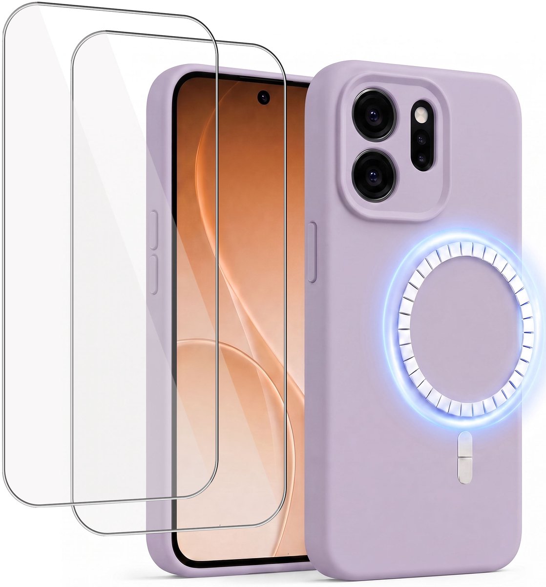 Hoesje + 2x Screenprotector geschikt voor Oppo Reno 15 Pro - Hoesje geschikt voor Magsafe - Draadloos opladen - Gehard Glas - Lila