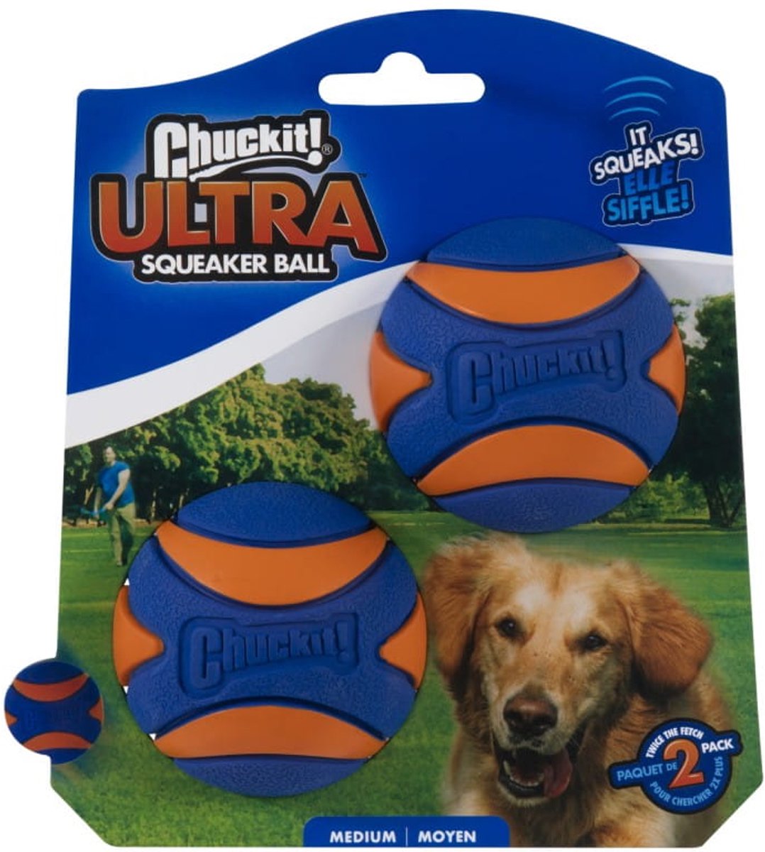 Bol.com Chuckit! Ultra Squeaker Bal - Hondenspeelgoed - Hondenbal - Medium - Ø6 cm - Blauw/Oranje - 2 Stuks aanbieding