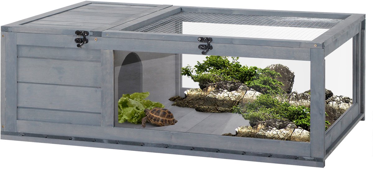 Huis voor kleine dieren schildpad met 2 ruimtes, 91 x 60,5 x 32 cm, massief hout, grijs | Kooi voor kleine dieren, 2 ruimtes, 2 schuifladen, massief hout