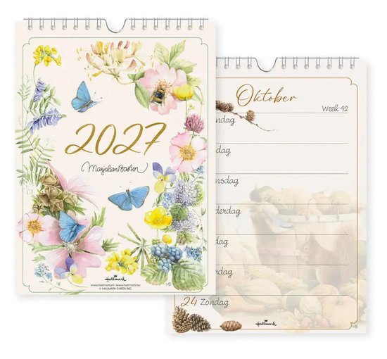 Kalender 'Oktober 2027' met bloemen, vlinders en bij. Grote letters.