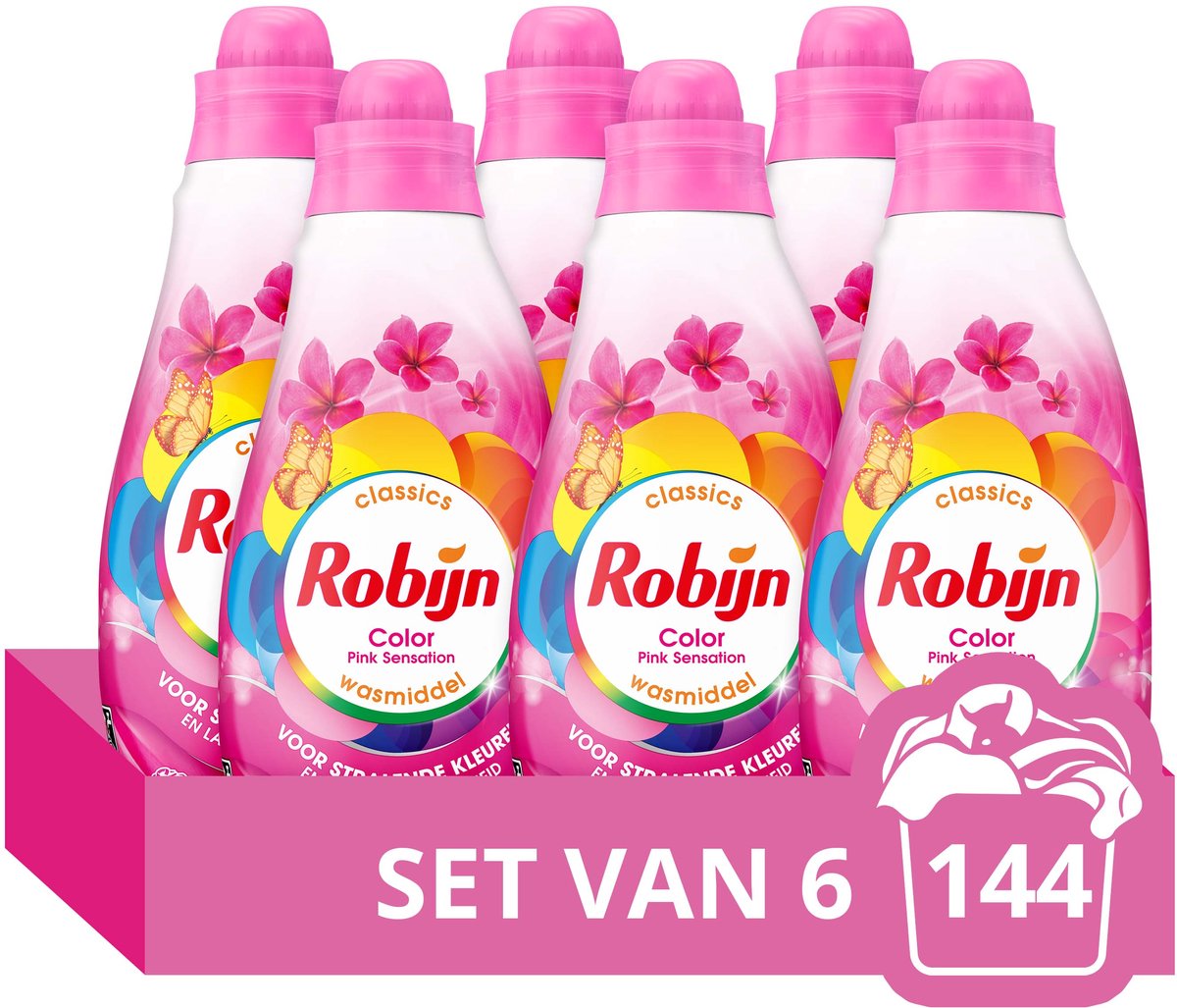 Robijn- Vloeibaar Wasmiddel - Klein & Krachtig - Pink Sensation - 6 flessen - 144 wasbeurten