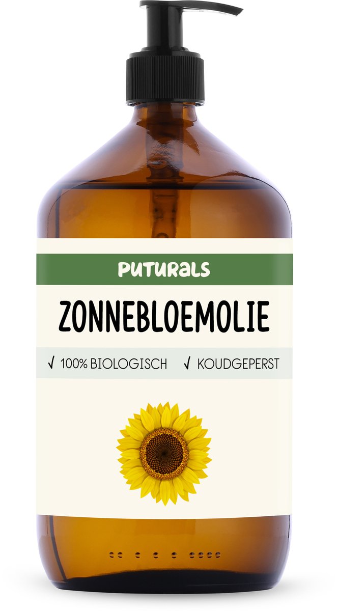 Puturals Zonnebloemolie 100% Biologisch - 1000ml - Puur en Koudgeperst - Zonnebloemolie High Oleic voor Huid, Haar, Gezicht en Lichaam - Rijk aan Vitamine E en Antioxidanten - Bruine Glazen Fles + Pomp