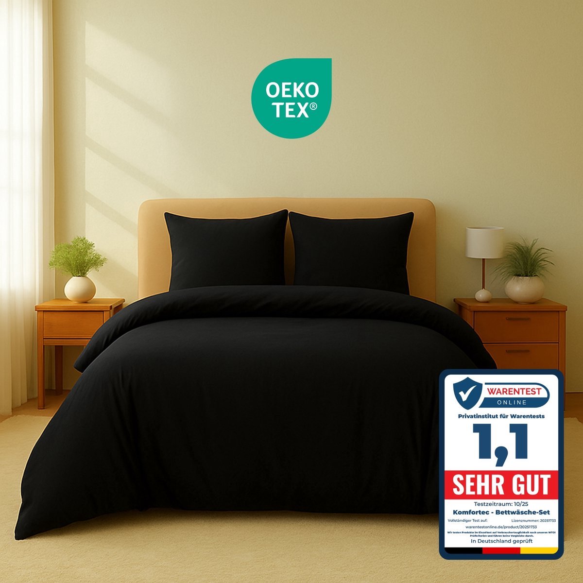 Komfortec Premium Dekbedovertrek 240x220 cm + 2x Kussensloop 60x70 cm - 100% Microvezel - 90 g/m² - 2-Delige Superzachte Beddengoedset - met Rits - Zwart