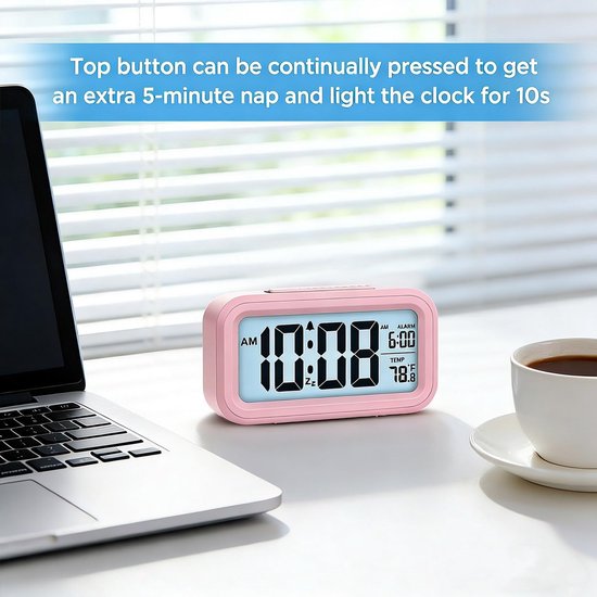Digitale Wekker - Bureauklok Nachtlampje - Wakker Worden - Groot LCD Scherm - 4.5 Inch - Roze — afbeelding 3